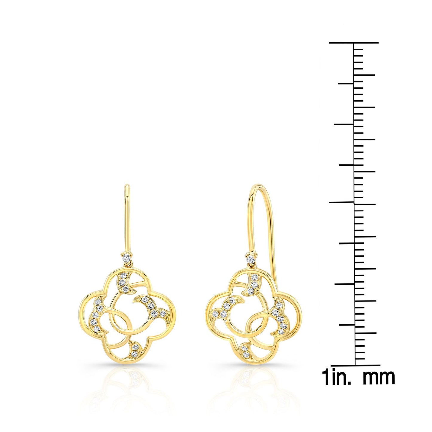 Diamond Open Clover Dangle Earrings With Twine Design And French Wire Backs In 14k Yellow Gold