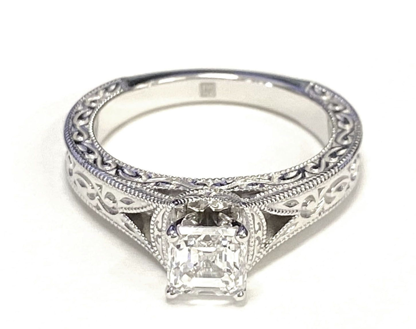 Platinum Asscher Cut  Hand Engraved and Milgrain Vintage Solitaire Engagement Ring