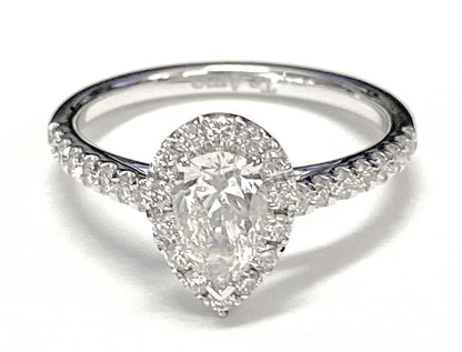 18K White Gold Pear Shape Center  Petite Halo French Diamond Pave Engagement Ring -1/5ctw