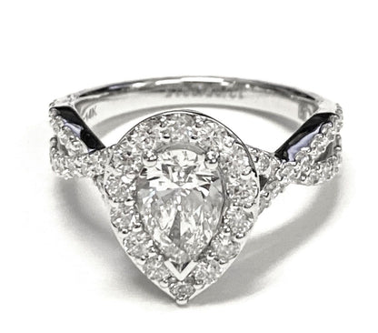 14K White Gold Pear Shape Center Twisted Open Lattice Diamond Halo Engagement Ring -3/4ctw