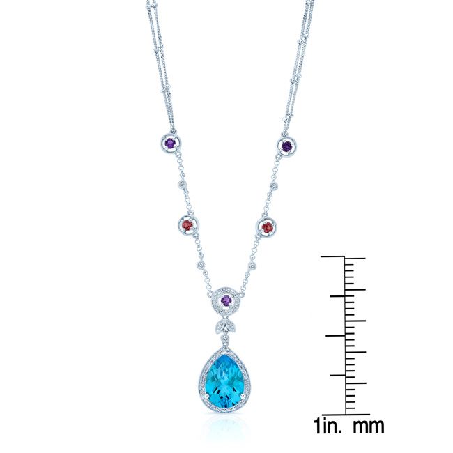 Blue Topaz Multi Gemstone And Diamond Teardrop Double Strand Necklace In 14k White Gold 1/3ctw