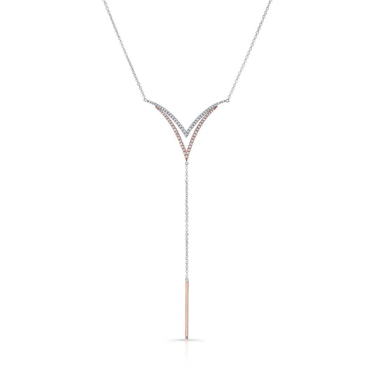 Diamond Pave Double-v And Solid Bar Y-necklace In 14k Rose And White Gold (16-18 In Adj Chn)