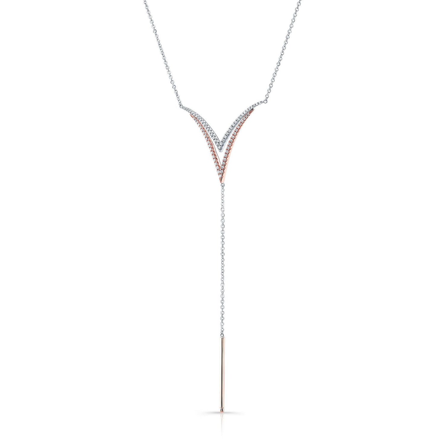 Diamond Pave Double-v And Solid Bar Y-necklace In 14k Rose And White Gold (16-18 In Adj Chn)