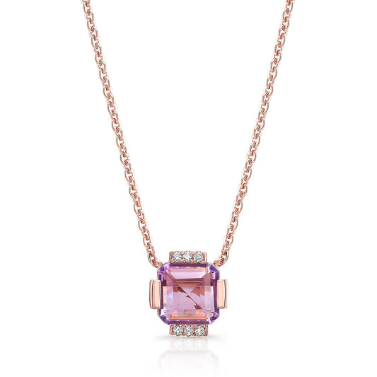 Amethyst Square Necklace With Diamond Pave & Solid Bar/channel Basket In 14k Rose Gold (16-18 Adj Chn)