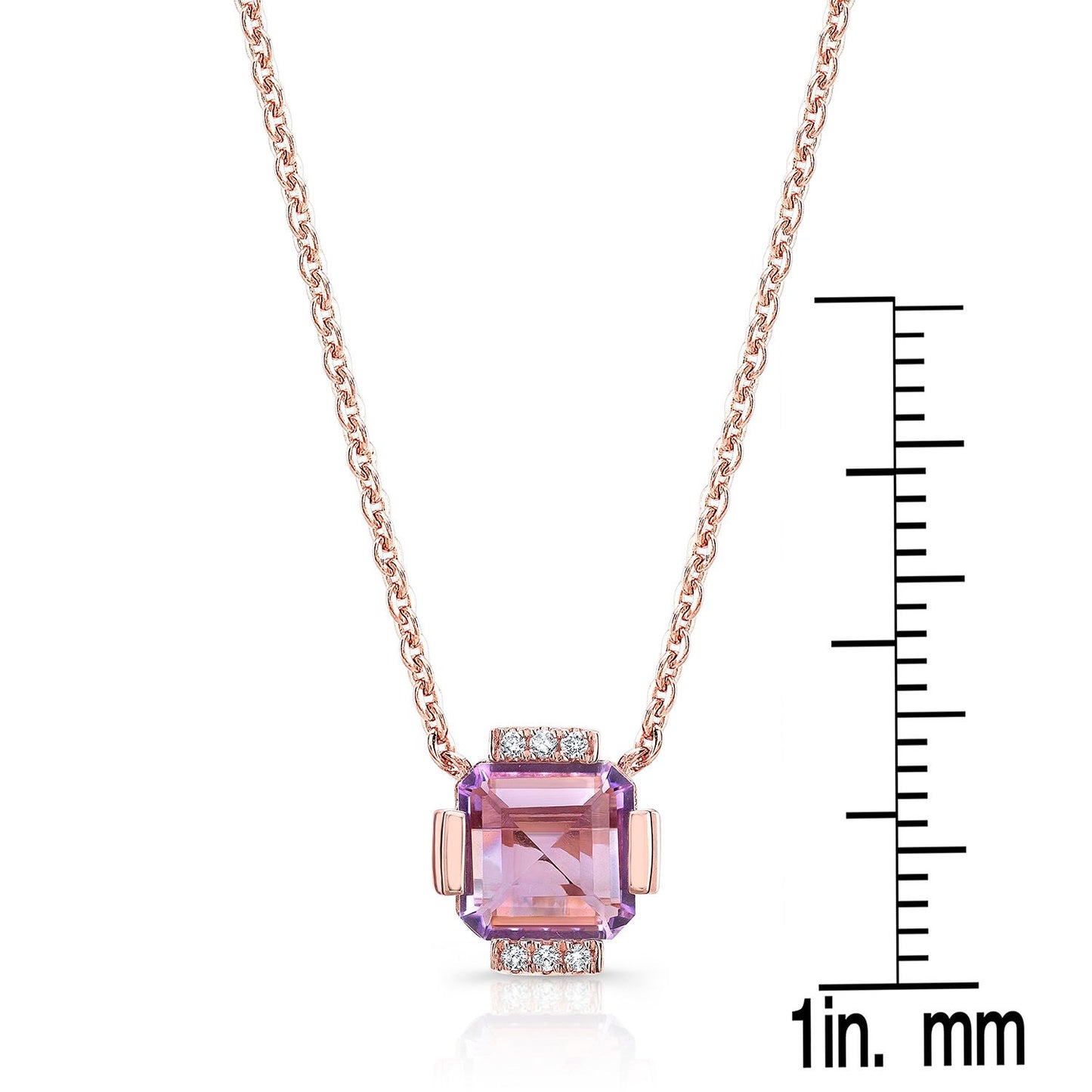 Amethyst Square Necklace With Diamond Pave & Solid Bar/channel Basket In 14k Rose Gold (16-18 Adj Chn)