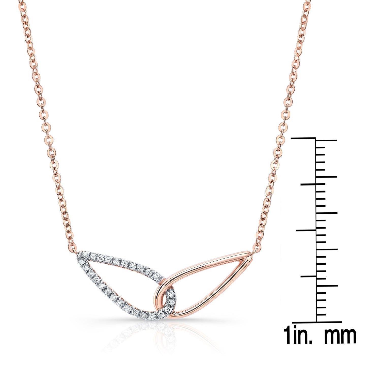 Diamond Pave And High Polish Teardrop Interlink Necklace In 14k Rose Gold, 16-18 Inch