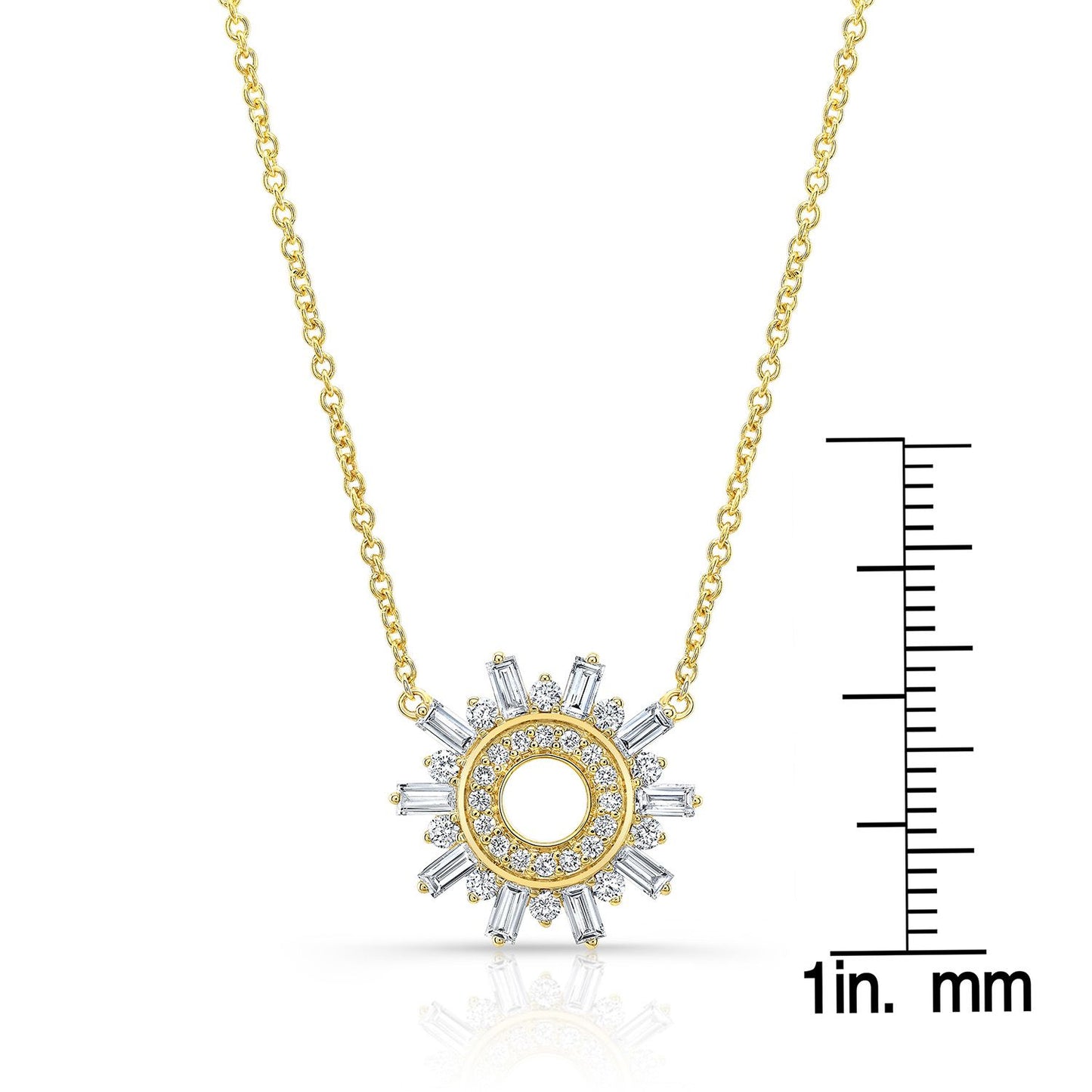 Diamond Round And Straight Baguette Starburst Necklace In 14k Yellow Gold