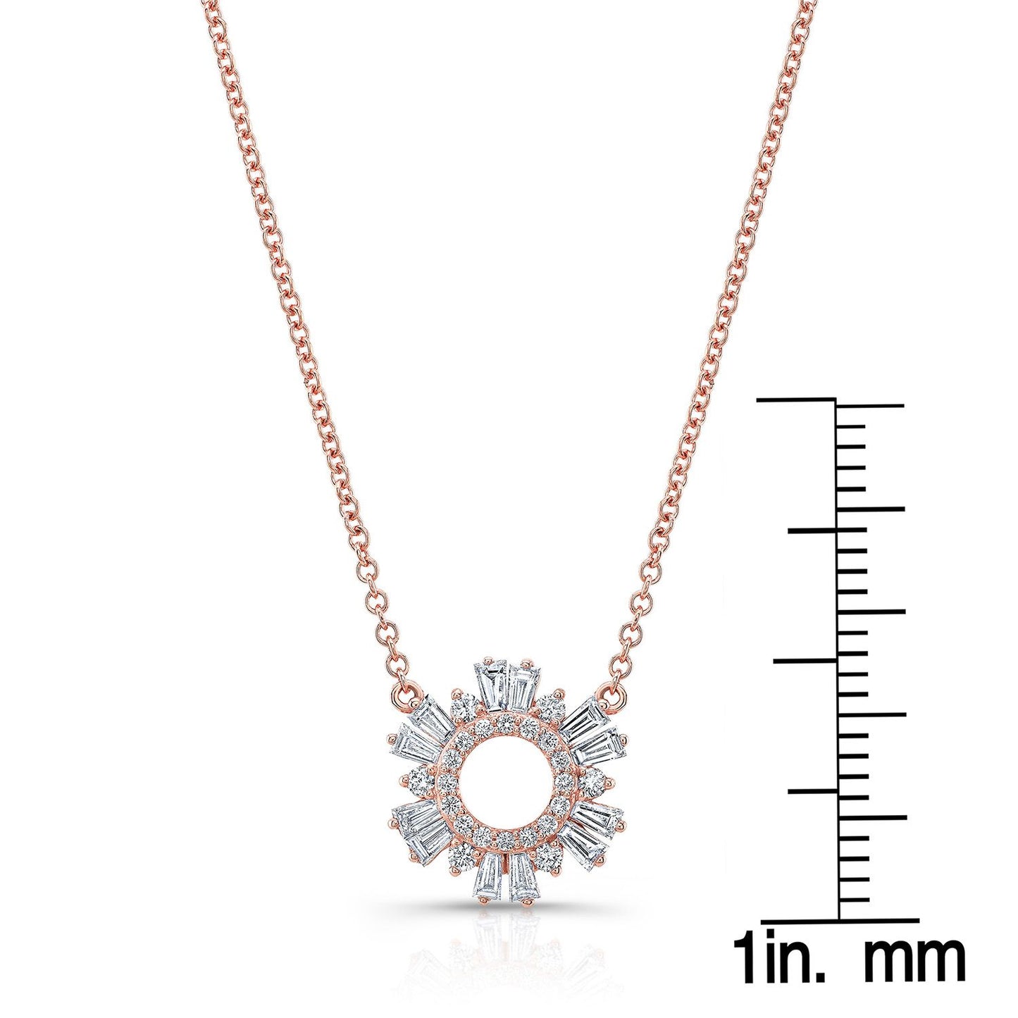 Diamond Pave Circle And Tapered Baguette Starburst Necklace In 14k Rose Gold