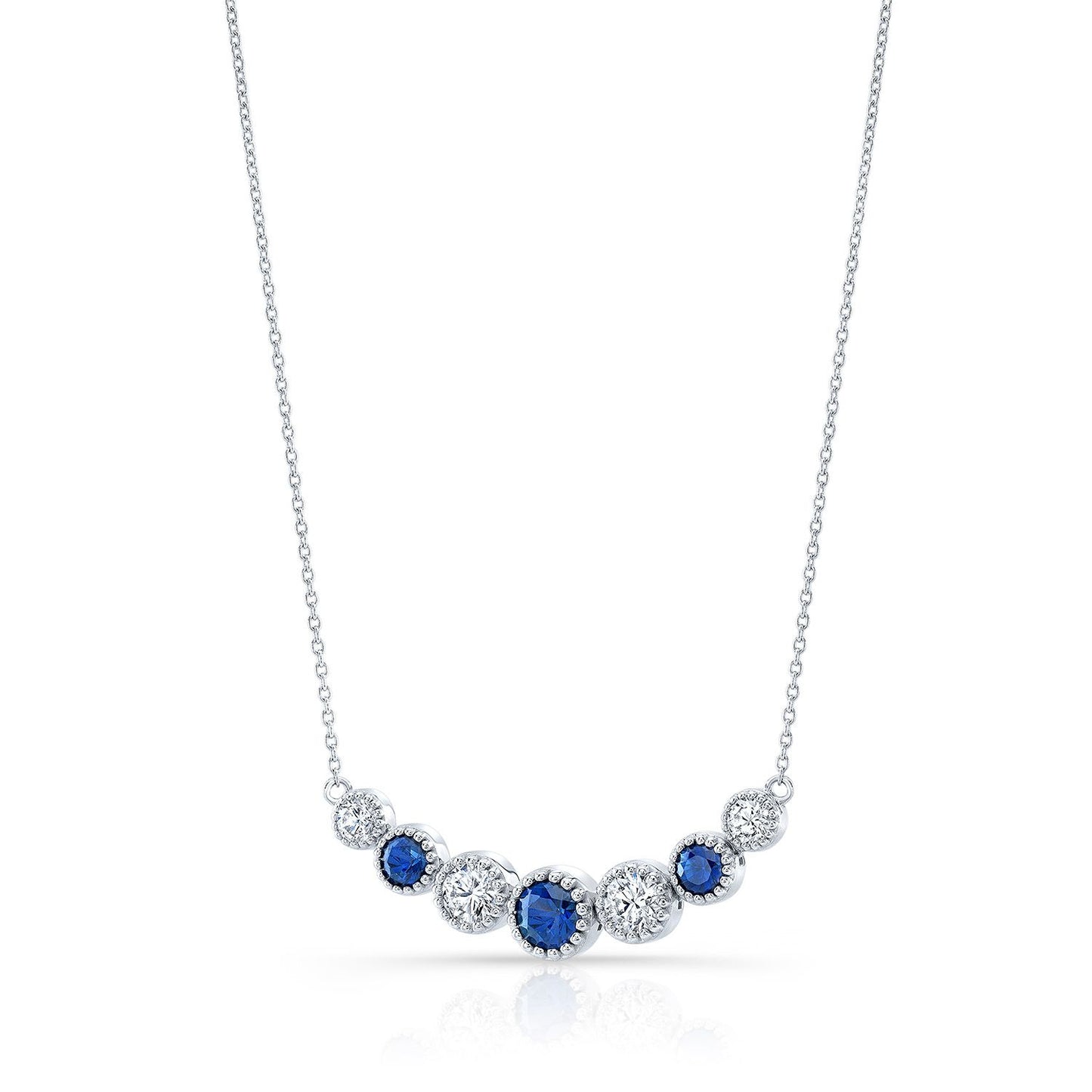Sapphire And Diamond Graduated 7-stone Necklace With Millgrained Edging In 14k White Gold