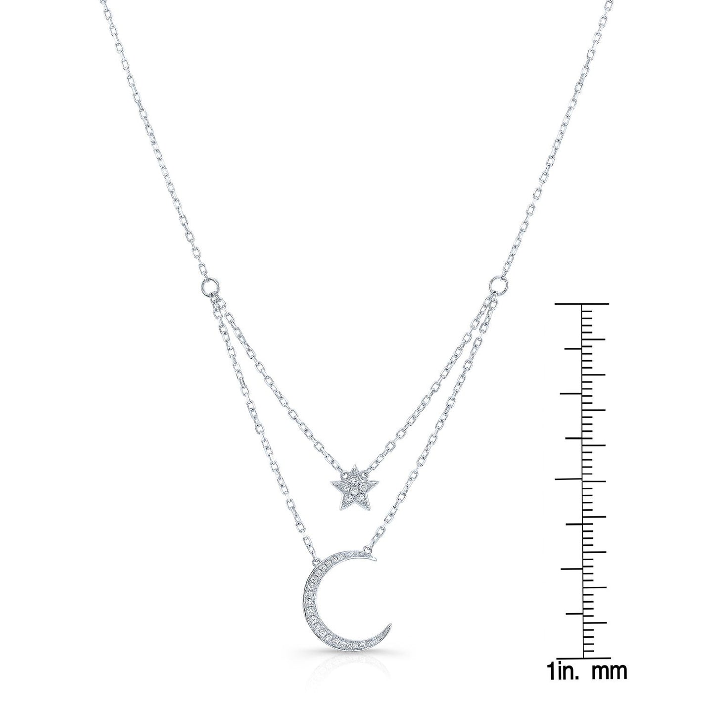 Diamond Star And Moon Layered Necklace In 14k White Gold, 16-18 Inch Adj Chain