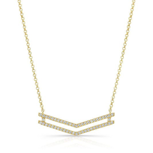 Diamond Micro-prong Set Double Chevron Necklace In 14k Yellow Gold, 18 Inch