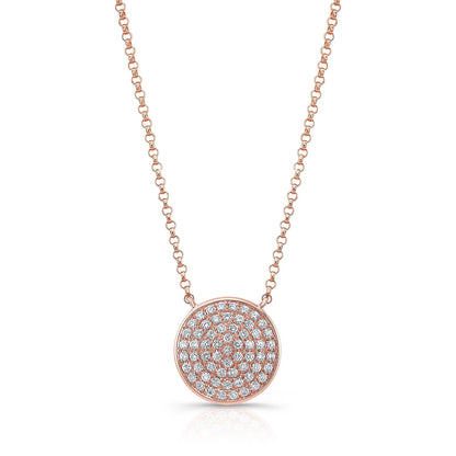 Diamond Pave Round Disk Necklace In 14k Rose Gold, 18 Inch