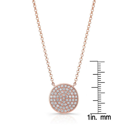 Diamond Pave Round Disk Necklace In 14k Rose Gold, 18 Inch