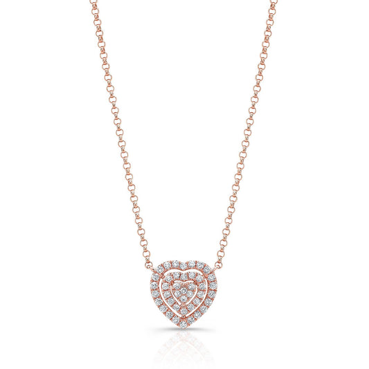 Diamond Heart Cluster Necklace With Pave Double Border In 14k Rose Gold, 18 Inches