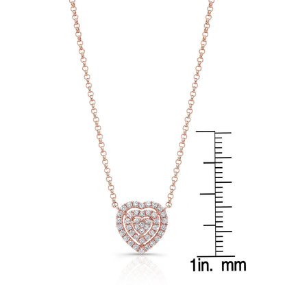 Diamond Heart Cluster Necklace With Pave Double Border In 14k Rose Gold, 18 Inches