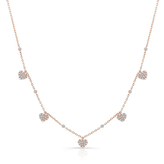 Diamond Pave Dangling 5-heart Station Necklace In 14k Rose Gold, 16-18 Adj Chn