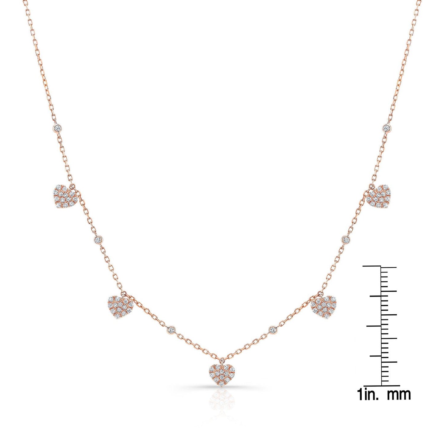 Diamond Pave Dangling 5-heart Station Necklace In 14k Rose Gold, 16-18 Adj Chn