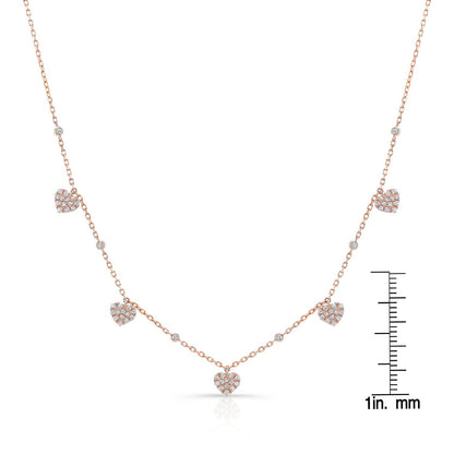 Diamond Pave Dangling 5-heart Station Necklace In 14k Rose Gold, 16-18 Adj Chn
