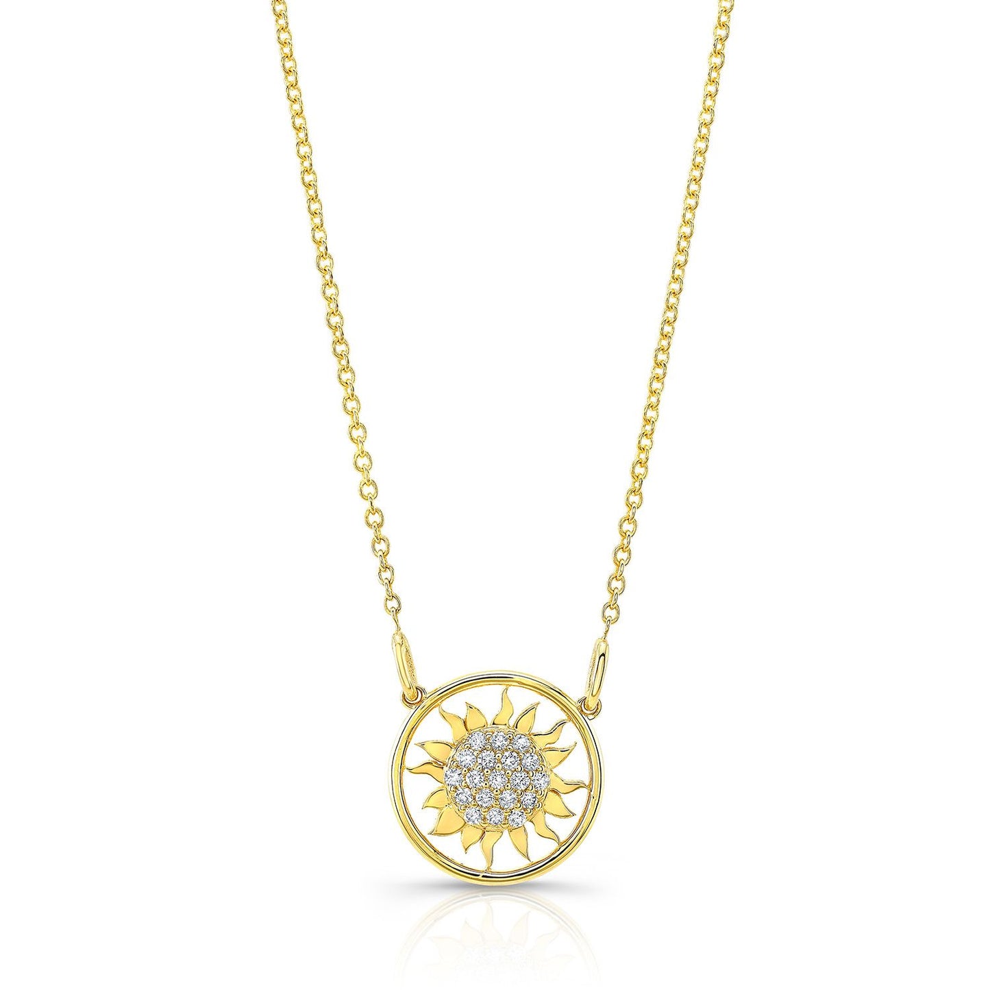 Diamond Sun Necklace With Round Frame In 14k Yellow Gold, 18-inch Chain