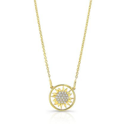 Diamond Sun Necklace With Round Frame In 14k Yellow Gold, 18-inch Chain