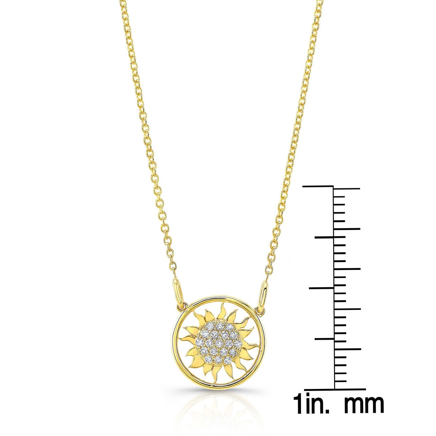 Diamond Sun Necklace With Round Frame In 14k Yellow Gold, 18-inch Chain