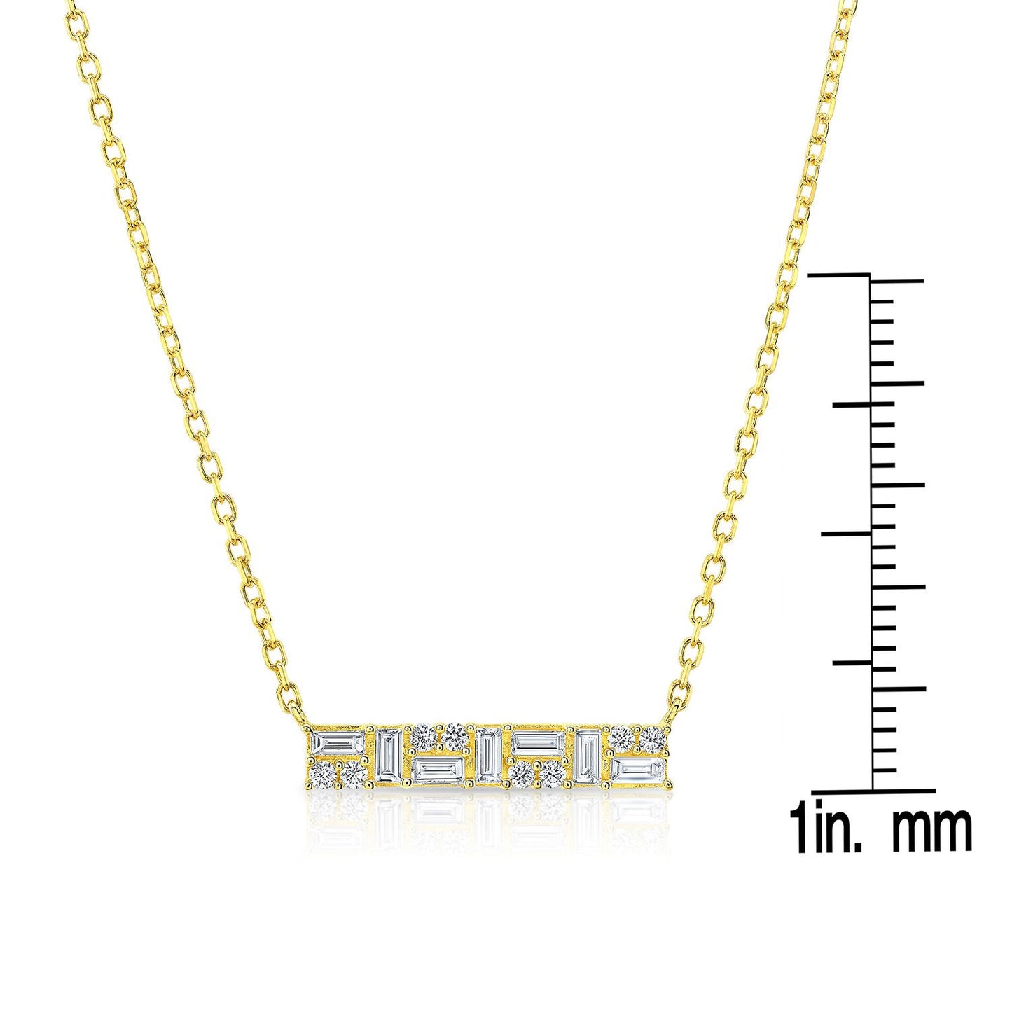 Diamond Baguette And Round Mosaic Bar Necklace In 14k Yellow Gold, 16-18 Inch Adj Chain