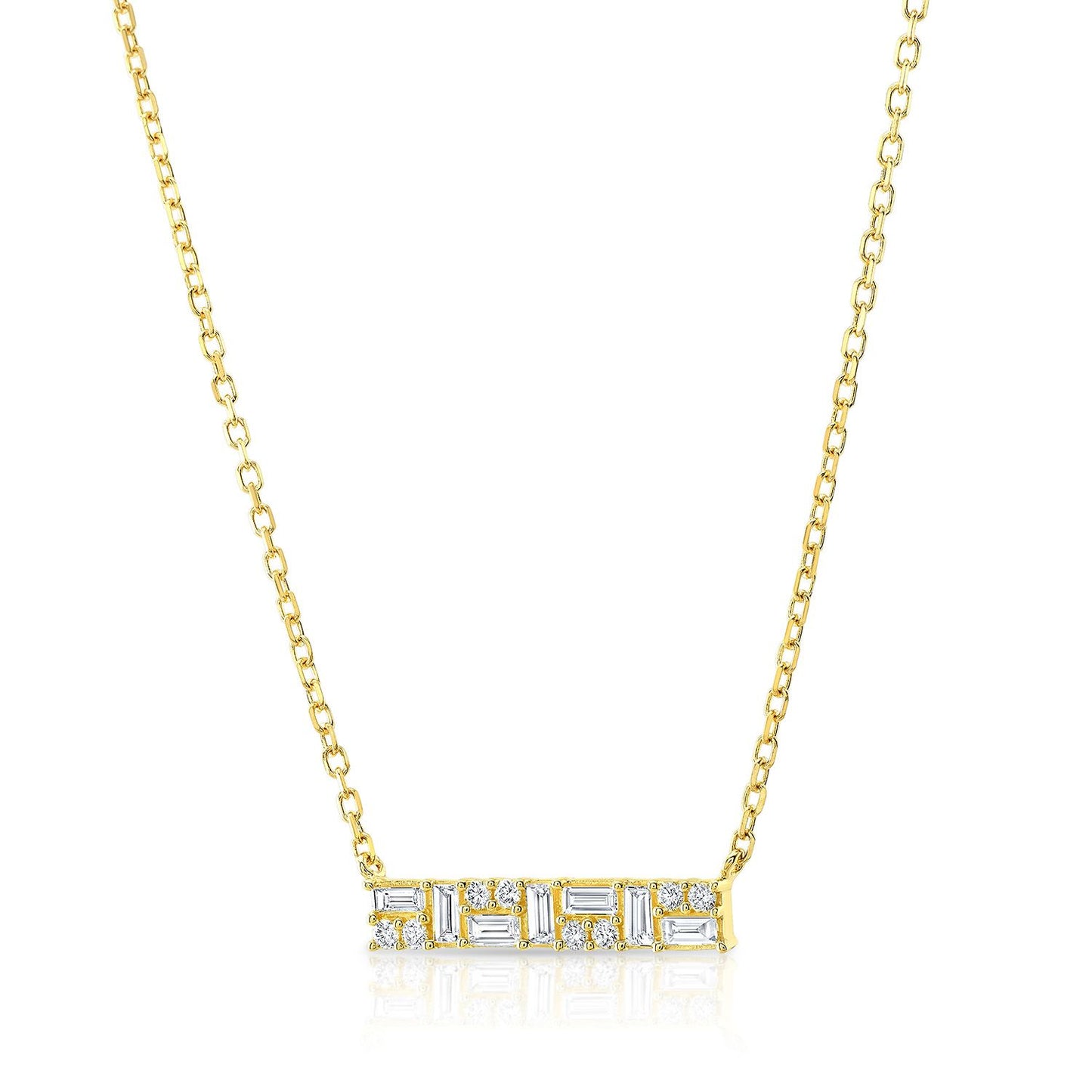 Diamond Baguette And Round Mosaic Bar Necklace In 14k Yellow Gold, 16-18 Inch Adj Chain