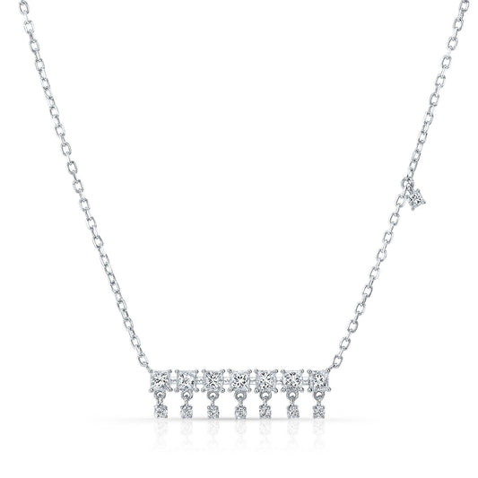 Diamond Princess Cut And Round Fringe Bar Necklace In 14k White Gold, 16-18 Inch Adj Chain