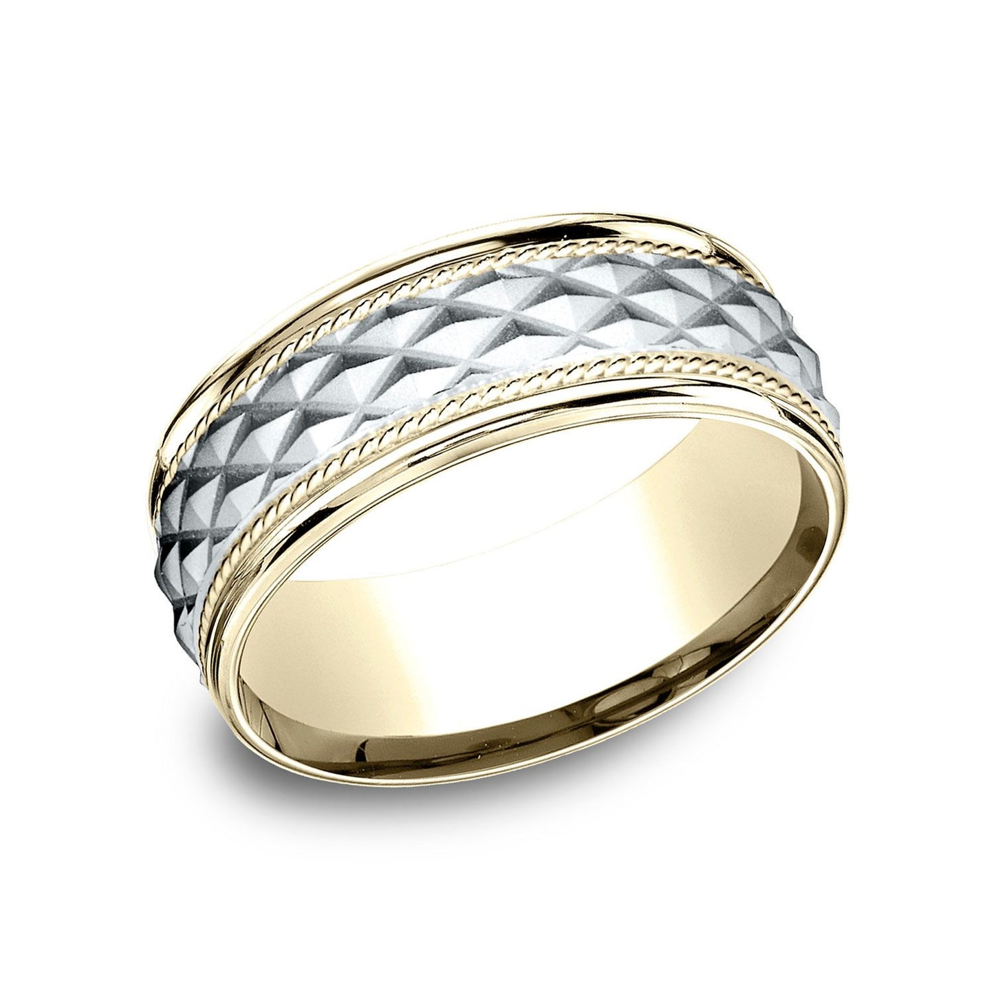 14k Two Tone 8mm Comfort Fit Round Edge Cross Hatch Patterned Band