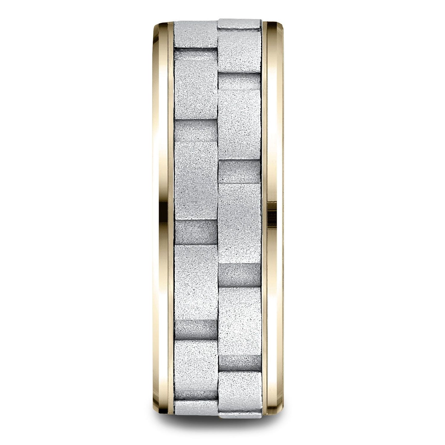 14k Two-toned 8mm Comfort-fit Drop Bevel Sandblasted Satin Finish Chain Link Design Band