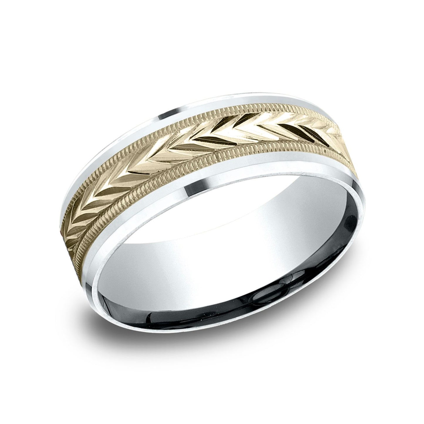14k Two Tone 8mm Comfort Fit Drop Bevel Wheat Pattern Design Band
