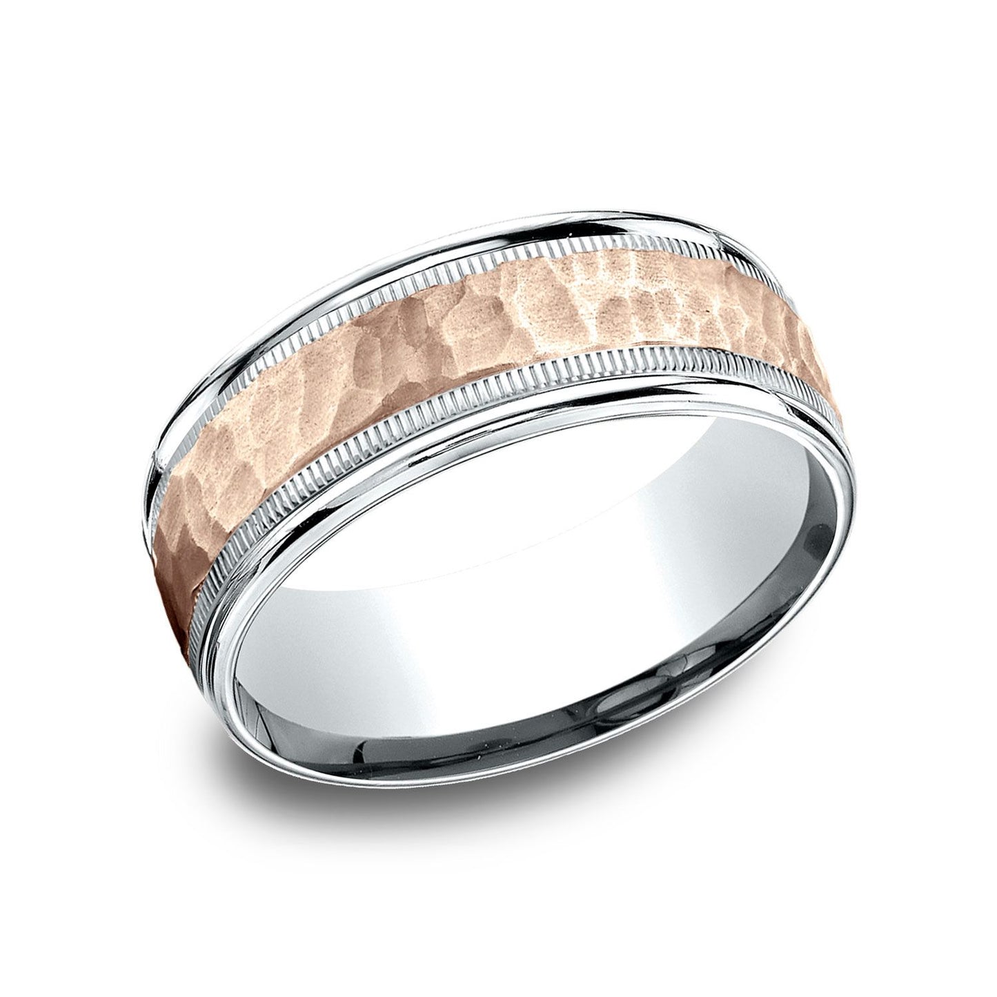 14k Two-toned 8mm Comfort-fit Hammer Finish Design Band