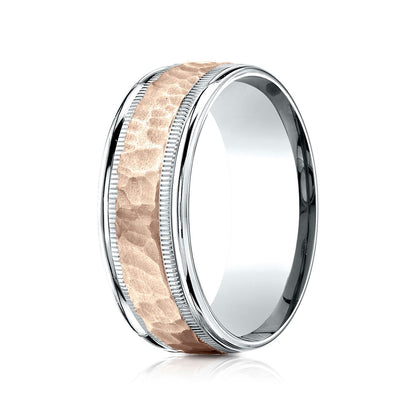 14k Two-toned 8mm Comfort-fit Hammer Finish Design Band