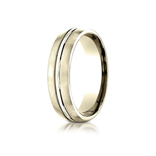 18k Yellow Gold 6mm Comfort-fit Satin-finished With High Polished Center Cut Carved Design Band
