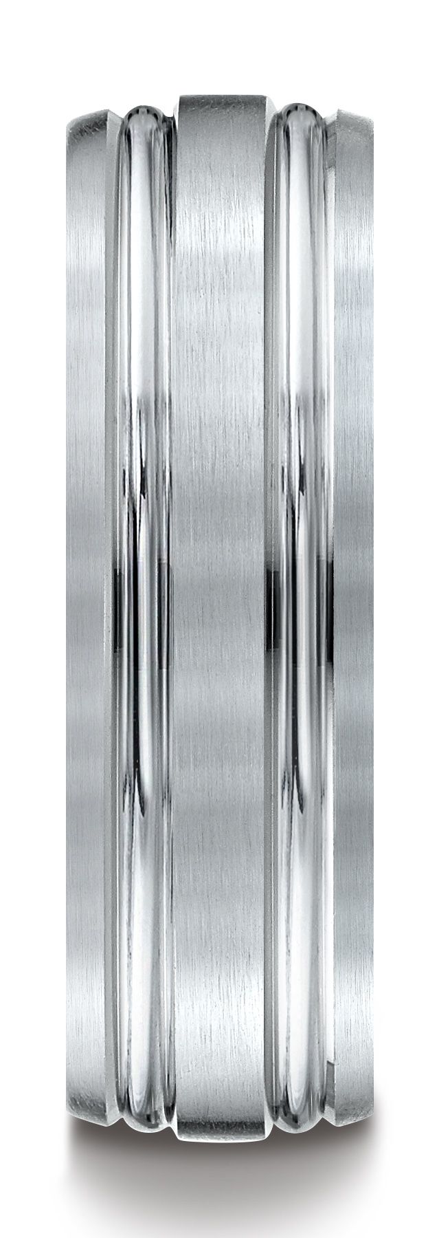 18k White Gold 7mm Comfort-fit Satin-finished With Parallel Grooves Carved Design Band