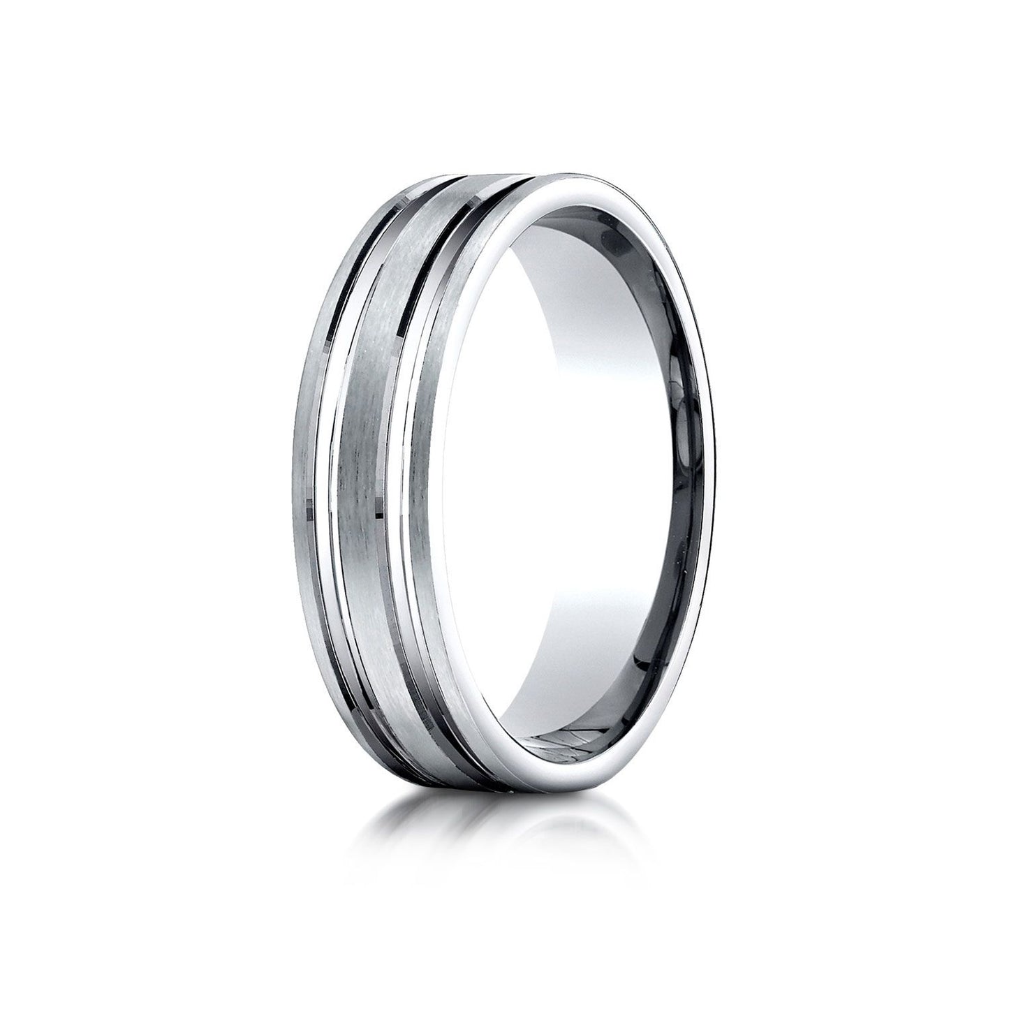 6mm Satin Finish Parallel Groove Carved Wedding Band, in 18K White Gold | RockHer