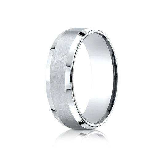18k White Gold 7mm Comfort-fit Satin-finished With High Polished Beveled Edge Carved Design Band
