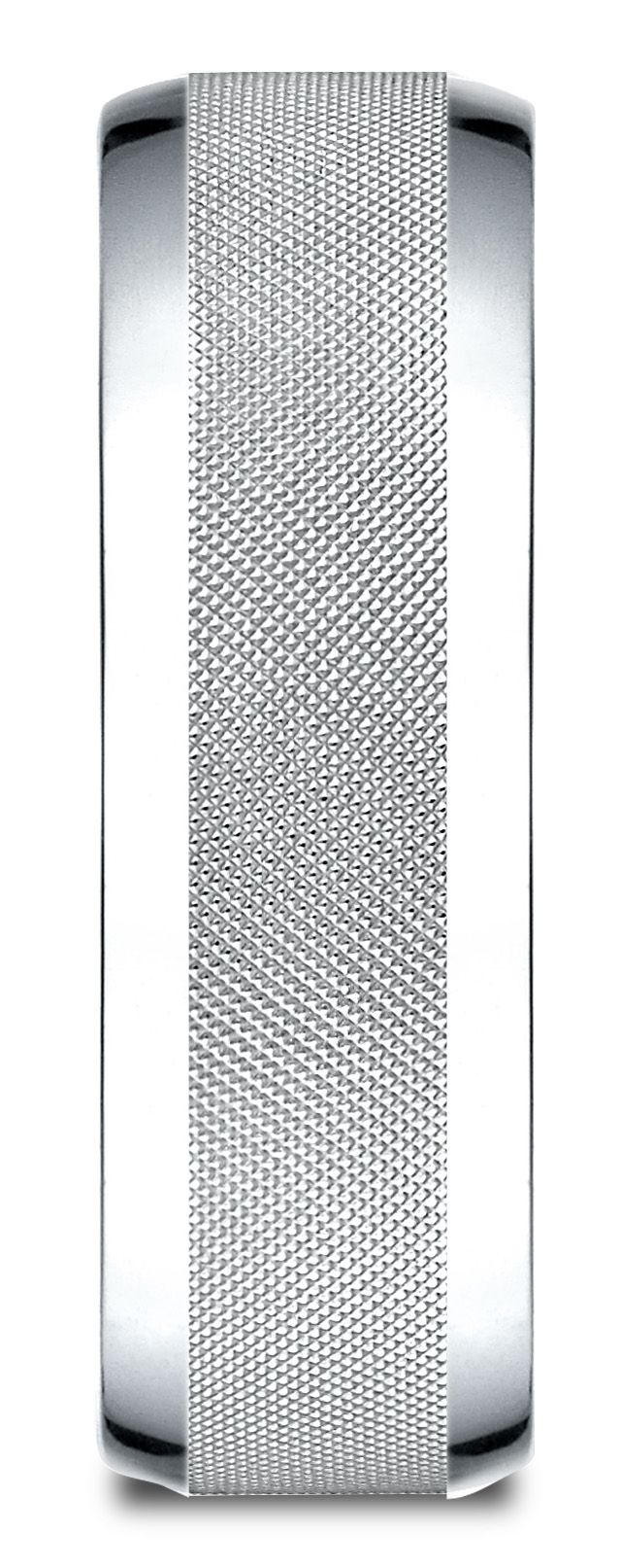 14 Karat White Gold 7mm Comfort-fit High Polish Round Edge Cross Hatch Center Design Band