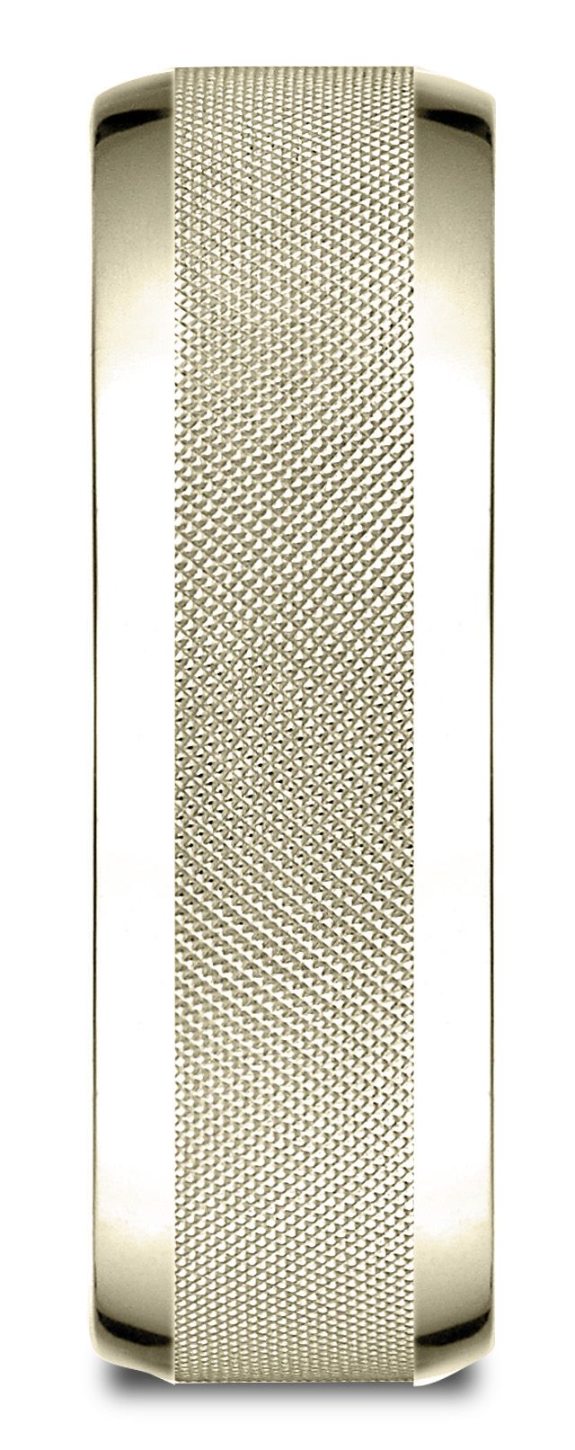 18 Karat Yellow Gold 7mm Comfort-fit High Polish Round Edge Cross Hatch Center Design Band