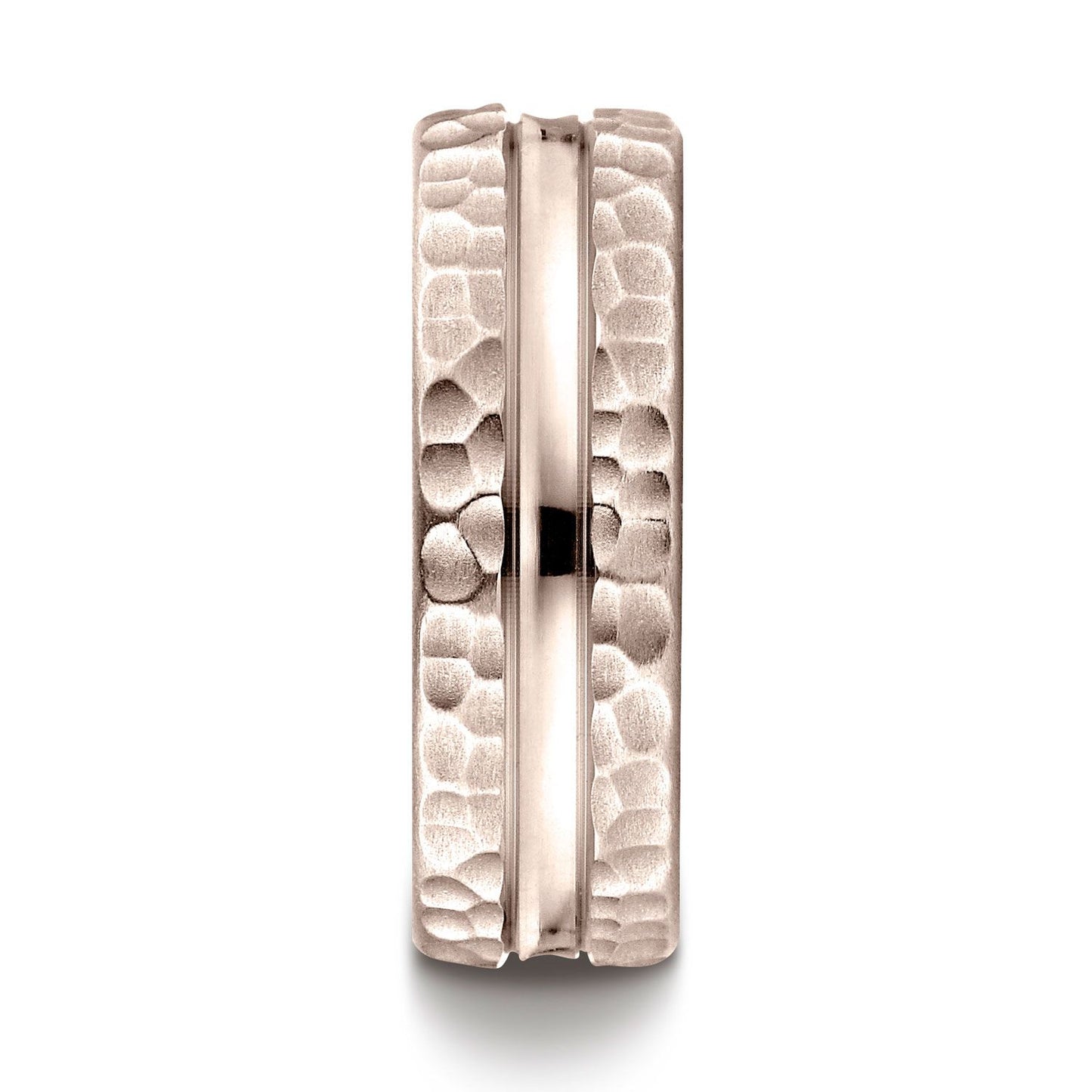 14k Rose Gold 7.5mm Comfort Fit Hammered Finish Center Cut Design Band