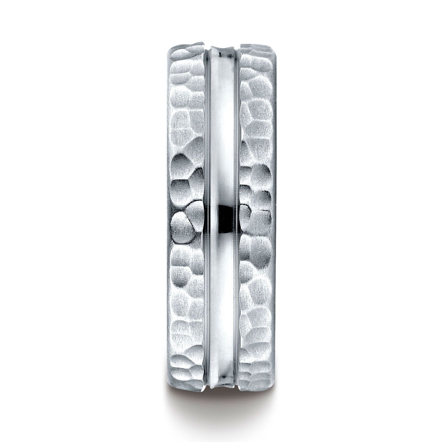 14k White Gold 7.5mm Comfort Fit Hammered Finish Center Cut Design Band
