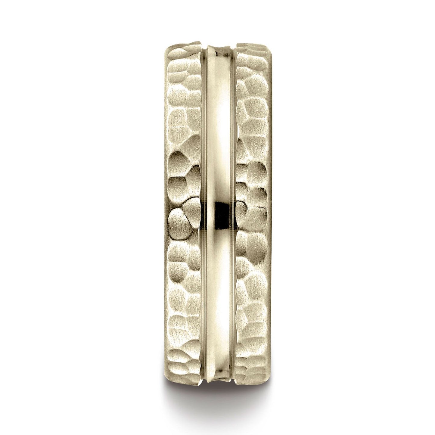 18k Yellow Gold 7.5mm Comfort Fit Hammered Finish Center Cut Design Band