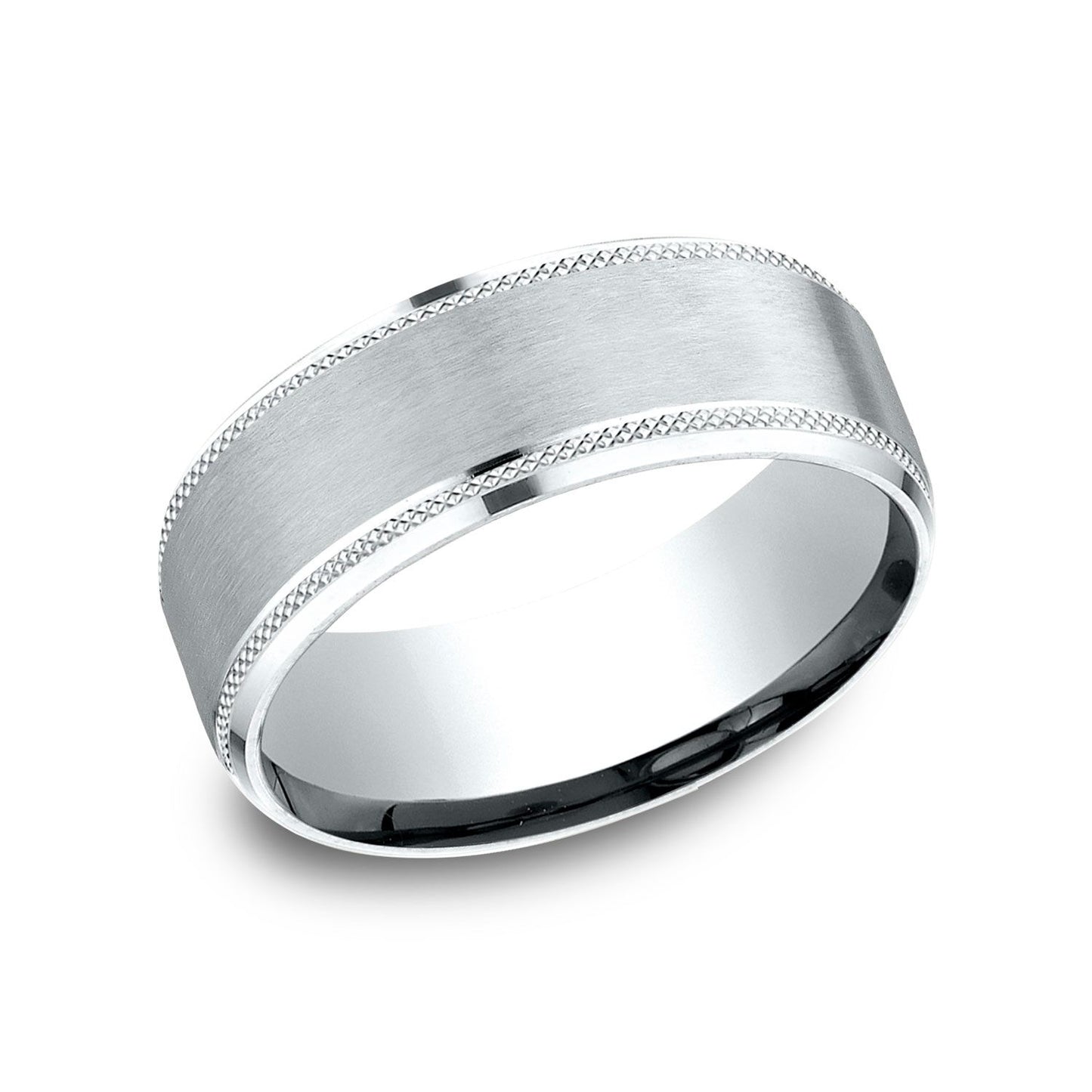 Platinum 8mm Comfort Fit Knurled Drop Bevel Satin Finish Design Band
