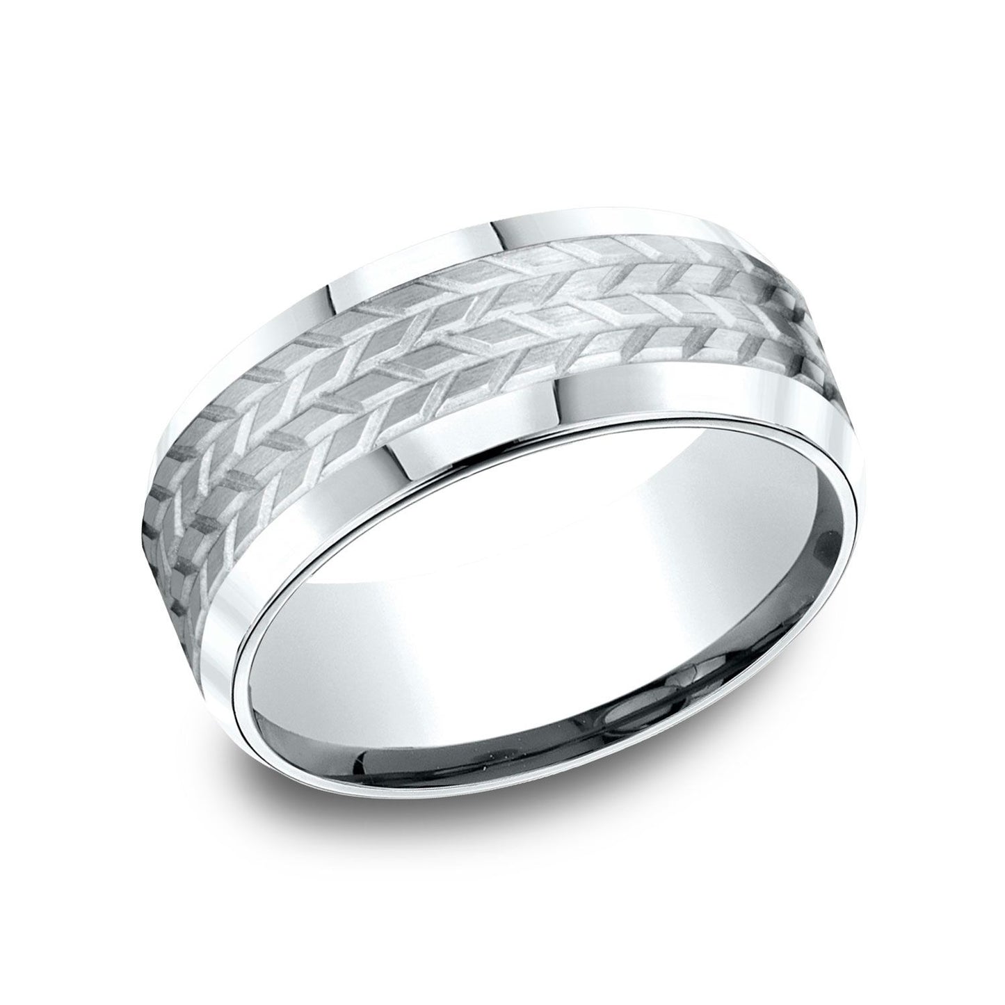 18k White Gold 8mm Comfort Fit Beveled Edge Treaded Design Band