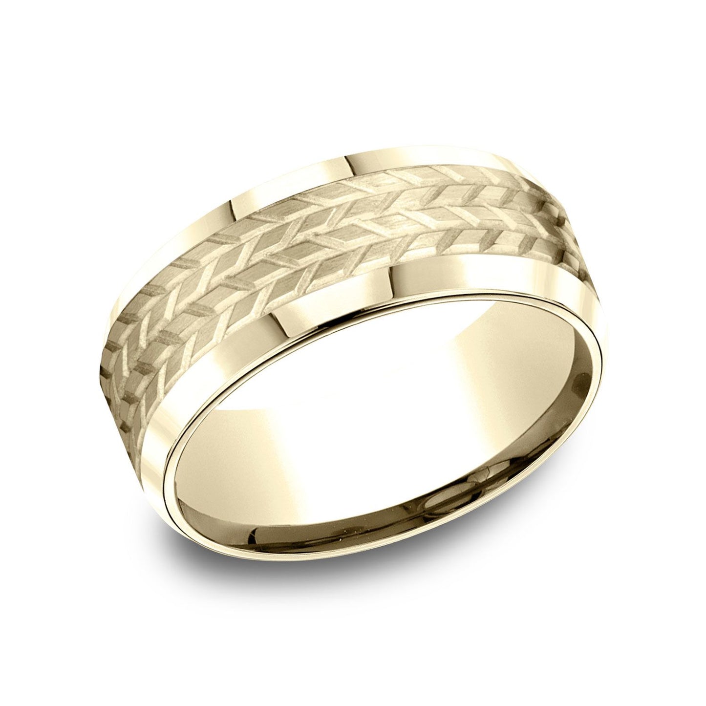 14k Yellow Gold 8mm Comfort Fit Beveled Edge Treaded Design Band