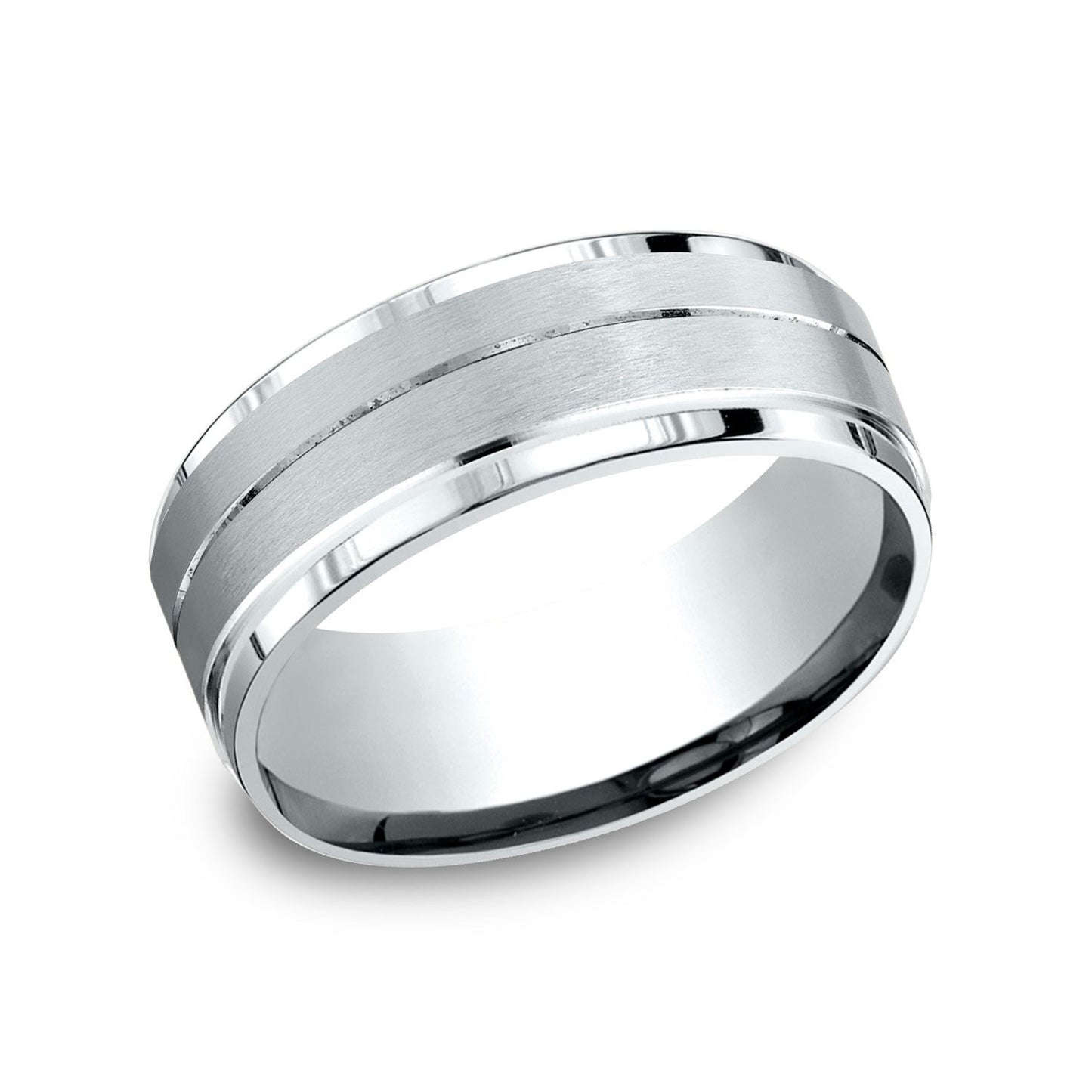 Platinum 8mm Comfort Fit Drop Bevel Satin Finish Center Design Band