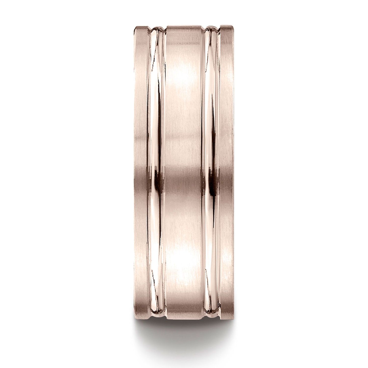 14k Rose Gold 8mm Comfort-fit Satin-finished With Parallel Grooves Carved Design Band