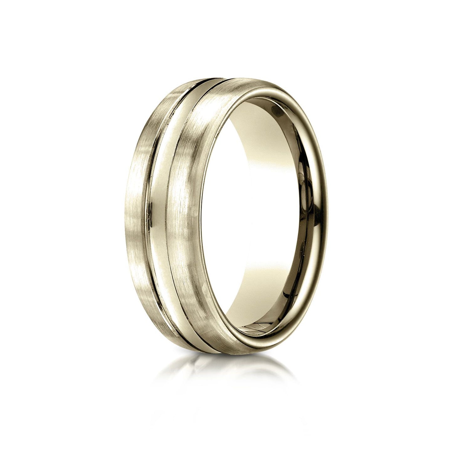 7.5mm Satin Finish High Polished Center Cut Carved Wedding Band, in 18K Yellow Gold | RockHer