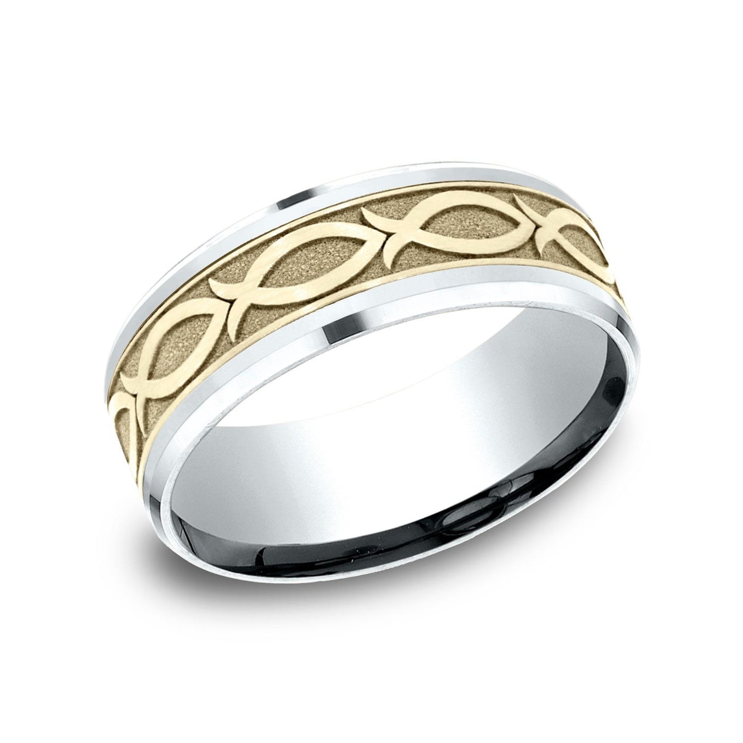 14k Two Tone 8mm Drop Bevel Ichthys Design Band