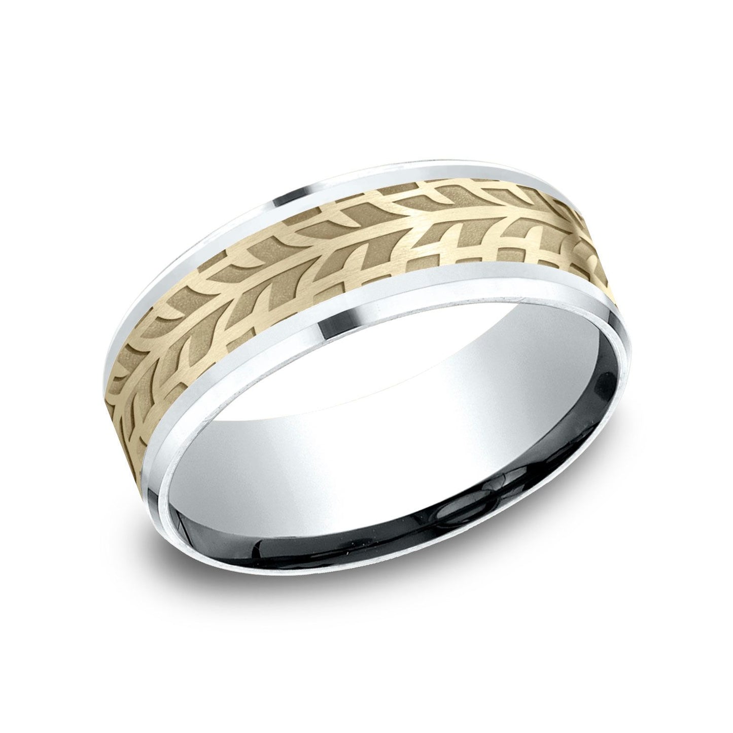 14k Two Tone 8mm Comfort Fit Drop Bevel Treaded Design Band